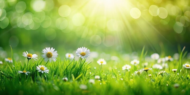 Green grass background with a few scattered flowers