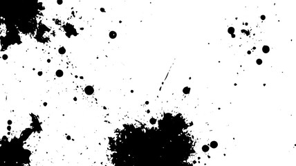 Central Black Ink Splatter on White Background, Grunge Texture with Scattered Drops