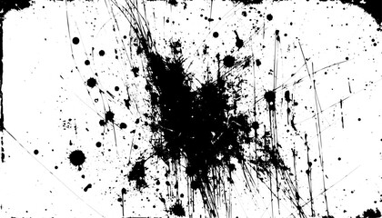 Chaotic Black Ink Explosion with Drips and Splatters on White Background