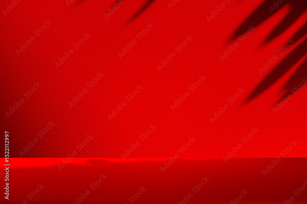 Poster wall interior background, studio and backdrops show products.with shadow from window color red backg