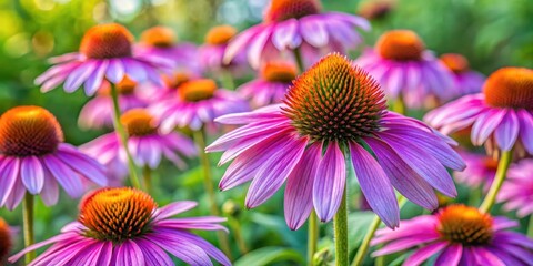 Beautiful purple coneflower blooms in a garden surrounded by greenery and vibrant flowers, its large petals swaying gently in the breeze, attracting pollinators, bloom, wildflower