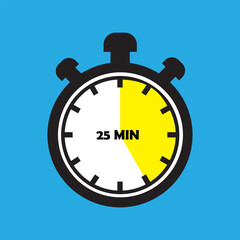 25 Minutes Timer Icon, Modern Flat Design. Clock, Stopwatch, Chronometer Showing Twenty five Minutes Label. Cooking time, Countdown Indication.