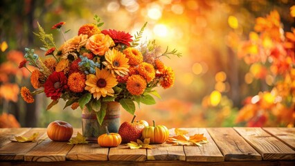 Cozy autumnal scene with a rustic wooden table surrounded by warm orange-toned flowers and leaves in a lush floral bouquet , bouquet, neutral tones