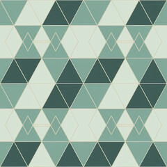 Modern geometric seamless pattern with teal and gold triangles. Abstract linear tessellation background for luxury wallpaper, branding, or elegant textile design