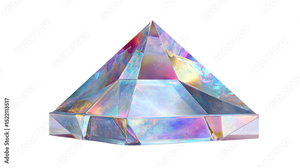 Poster iridescent pyramid object reflecting light and color with geometric shapes on a white surface on tra