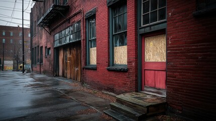 Fototapeta premium A brick building exterior on a wet and overcast city street