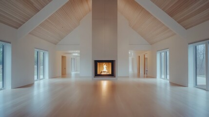 Fototapeta premium An open architectural living room featuring a fireplace and wooden ceiling