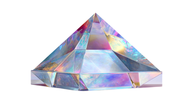 Iridescent pyramid object reflecting light and color with geometric shapes on a white surface on transparent background