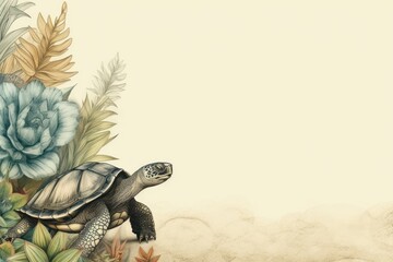 Fototapeta premium Realistic vintage drawing of turtle border backgrounds reptile animal.