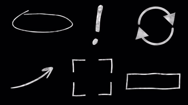 Hand drawn doddle shapes icons set animation on black background, doddle grunge shapes animated with alpha channel.