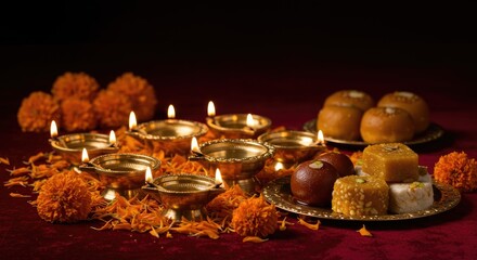 Diwali celebration with lamps, sweets, and flowers