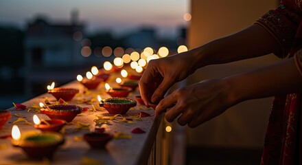 Diwali celebration, hands arranging lamps