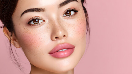 Fototapeta premium Close-Up Portrait of a Korean Woman with Soft Pink Makeup