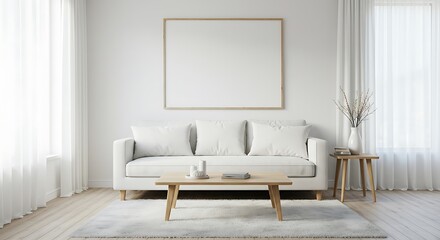 Fototapeta premium Modern Minimalist Living Room Interior Design with Blank Canvas for Artwork