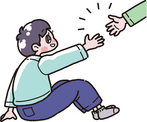 差し伸べられた手に笑顔を見せる男の子のイラスト