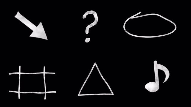  hand drawn doddle icons sign animation on black background, grunge babble doddle icons set animated with alpha channel.