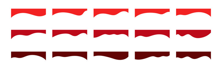 A set of different red wavy top dividers for a banner, poster, web page, vector, flat design. A graphic element for the title, text, and decoration. Abstract horizontal shapes dividing the background