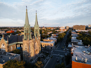 Drone flight above the Roman Catholic Saint-Edouard Church in Montreal at sunset, Quebec, Canada