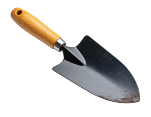 Gardening trowel with wooden handle for planting.