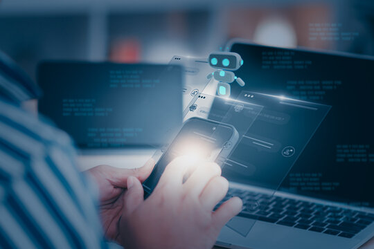 Futuristic AI chatbot assists users person online support system, providing real time responses automation, It represents AI driven customer service, digital transformation, and business innovation.