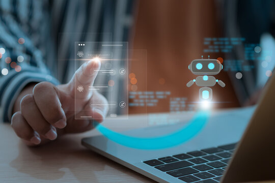 Futuristic AI chatbot assists users person online support system, providing real time responses automation, It represents AI driven customer service, digital transformation, and business innovation. - Powered by Adobe