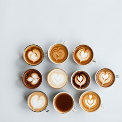 Beautiful Arrangement of Artisanal Coffee Drinks with Heart Latte Art in Various Flavors and Textures Perfect for Coffee Lovers and Enthusiasts