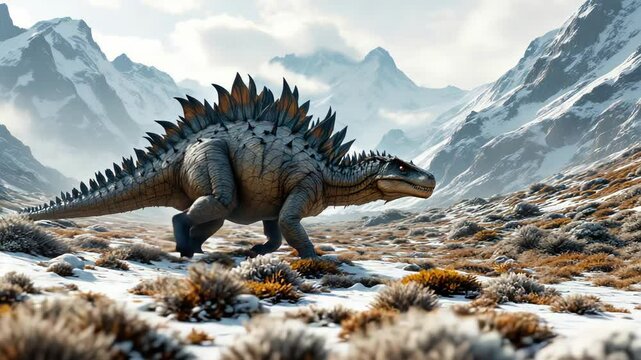 Stegosaurs roaming through a beautiful, snowy mountain landscape scene