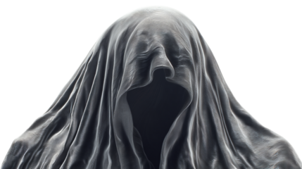 A draped figure in a shroud with a dark void where the face should be against a black background on transparent background