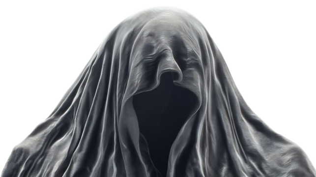 A draped figure in a shroud with a dark void where the face should be against a black background on transparent background