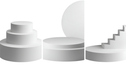 Three white platforms with stairs and backdrop for product display in a studio environment setting on transparent background