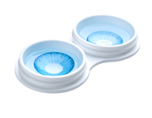 Contact lens case with blue lenses displayed.