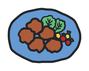 唐揚げのラフな線あり手描きイラスト。ミニトマトとレタス