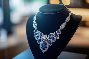 sapphire and diamond encrusted necklace displayed on mannequin, elegant studio lighting