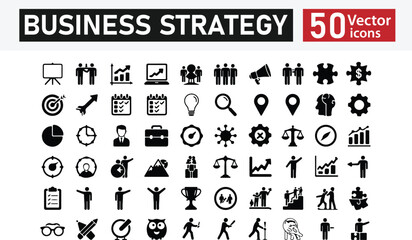 Set of 50 Solid Black Icons Representing Business Strategy, Leadership, Teamwork, Growth, Analysis, and Communication – Vector Silhouette Illustration