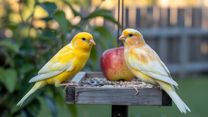 A colorful pair of tropical parrots with vibrant green and yellow feathers sits on a wild tree branch in nature