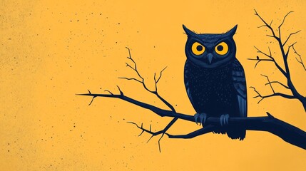 Fototapeta premium Halloween owl perched on branch, orange background, spooky, art