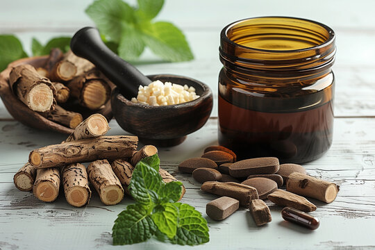 Organic dried licorice sticks, essential oil, natural cosmetics and naturopathy concept
