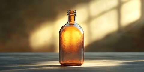 Mockup of vintage amber glass bottle on wood in sunlight

