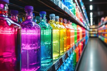 Rows of colorful bottles glowing under bright lights in liquor aisle