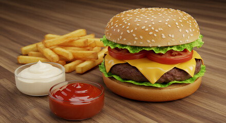 Cheese Burger with fries and dips on the table