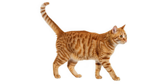 Orange tabby cat walking with tail up on a black background in studio shot
