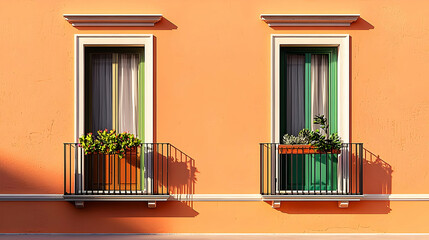 Two Windows With Balconies On A Peach Colored Building
