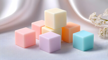 Fototapeta premium Pastel Colored Soap Cubes on Silky Background
