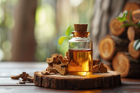 Organic dried licorice sticks, essential oil, natural cosmetics and naturopathy concept
