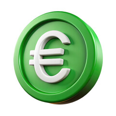 Obraz premium Euro Currency Symbol on Green Coin 3d icon in cartoon plastic style minimal isolated on transparent white background, clipping path