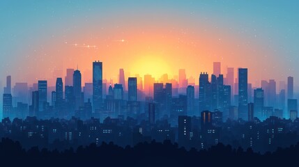 Fototapeta premium Sunrise City Skyline, urban landscape, quiet morning, panoramic view, potential use in architecture or design