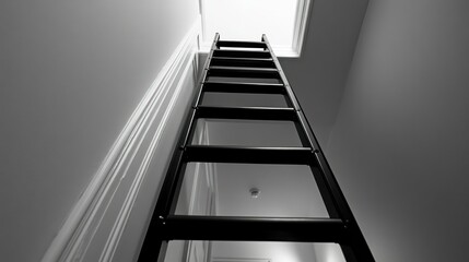 A black ladder ascends towards a bright rectangular opening