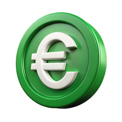 Obraz premium Euro Currency Symbol on Green Coin 3d icon in cartoon plastic style minimal isolated on transparent white background, clipping path