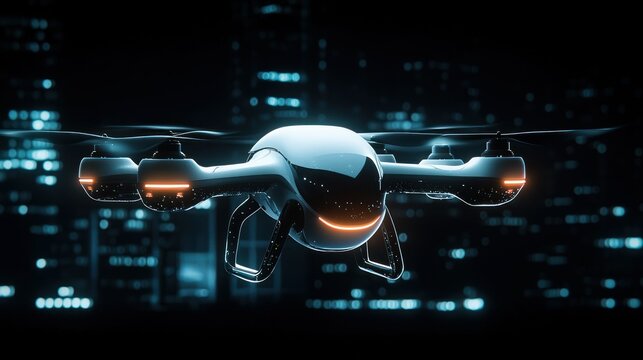 An advanced drone flying through a city at night time