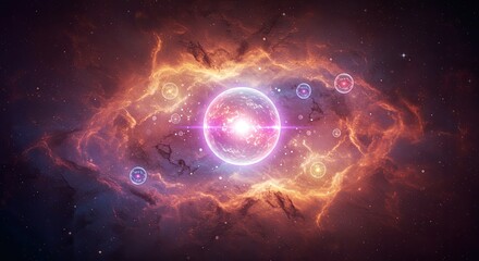 Obraz premium Cosmic Nebula with a Central Planet